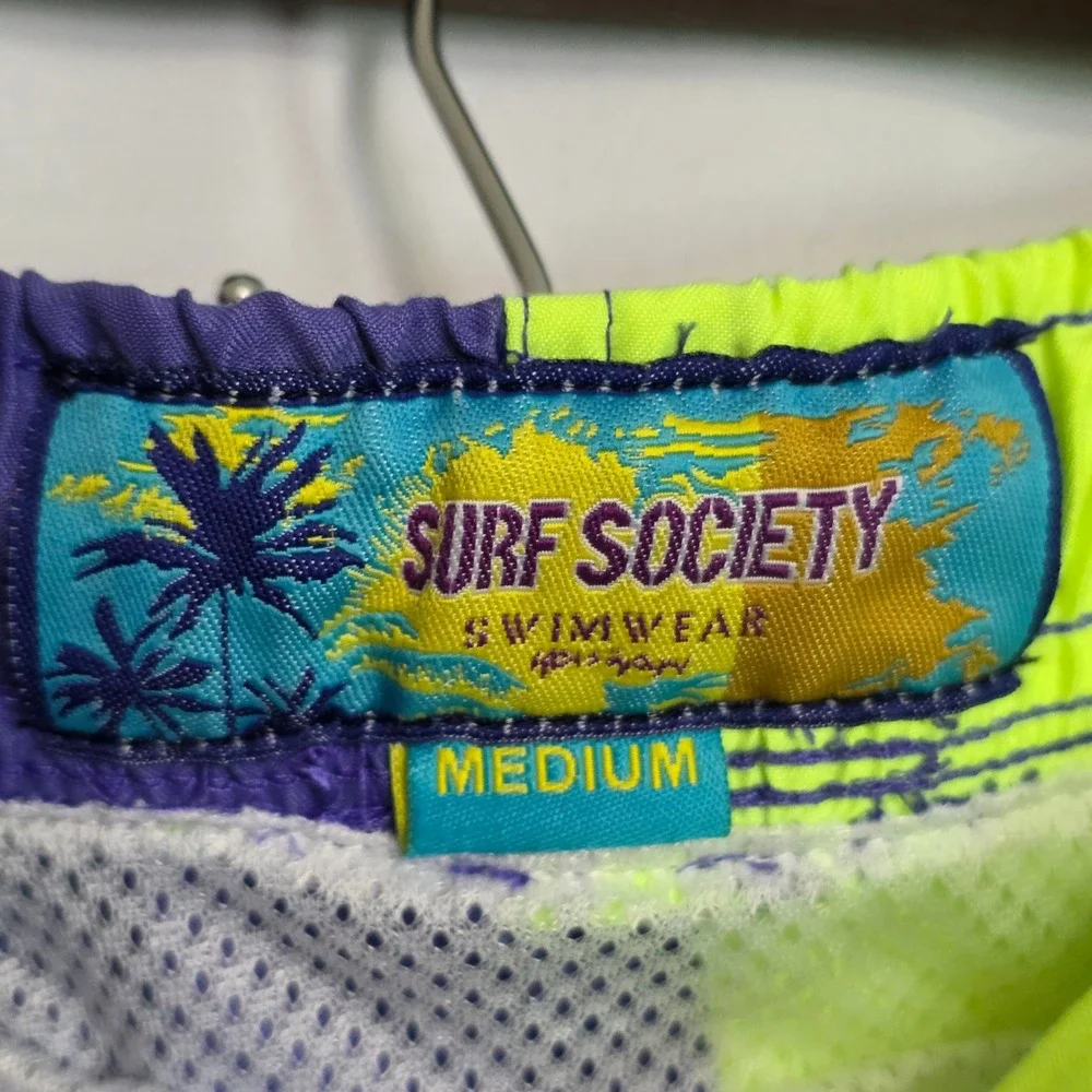 Surf Society Neon Colorblock Swim Trunks Purple Green Y2K Board Shorts Mens M - Picture 5 of 8